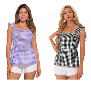 INSPIRE CHIC Women's Summer Square Neck Sleeveless Plaid Gingham Peplum Top 2 Packs - 1 of 4