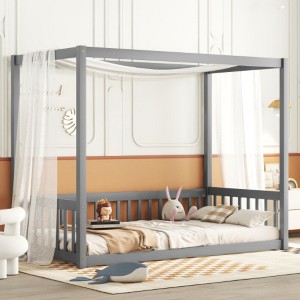 Durable Twin-Size Canopy Bed with Floor-Level Fence Frame, Built to Withstand Time - 1 of 4