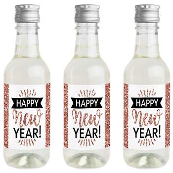 Big Dot of Happiness Rose Gold Happy New Year - Mini Wine and Champagne Bottle Label Stickers - New Year's Eve Party Favor Gift - Set of 16