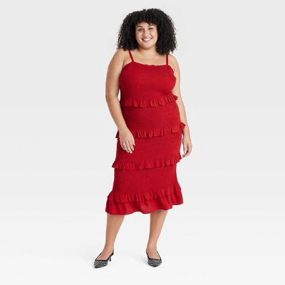 Women's Holiday Smocked Ruffle Midi Tank Sundress - Ava & Viv™ Cherry Red XXL