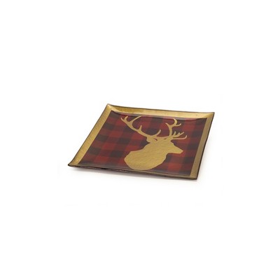 Melrose 11.5" Gold and Red Deer Head Plaid Square Glass Plate