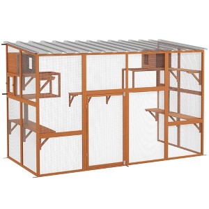 PawHut Catio, Outdoor Cat Enclosure Window Box Wooden Cat House w/ Weather Protection Roof for 2 Kitties with Resting Box, Platforms & Bridge - 1 of 4