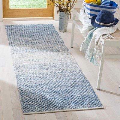Blue and Ivory Flat Woven Cotton Runner Rug