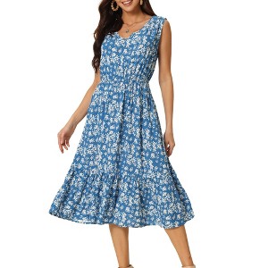INSPIRE CHIC Women's Summer Boho Beach V Neck Sleeveless Floral Flowy Tiered Midi Dress with Pockets - 1 of 4