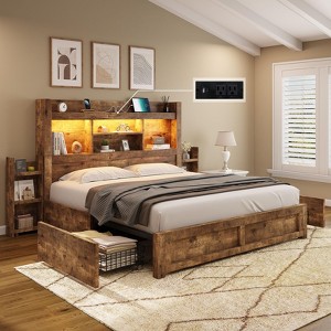 AMERLIFE Bed Frame with Drawers, LED, Bookcase Headboard, Charging, Shelves - 1 of 4