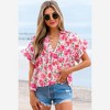 Amaryllis Women’s Watercolor Floral Blouse Short Flutter Sleeve Loose Fit Collared Lightweight Casual Top- X Large ,Pink - 2 of 4