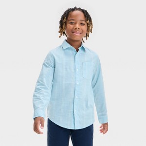 Boys' Long Sleeve Striped Flannel Button-Down Shirt - Cat & Jack™ Blue/Cream - 1 of 3