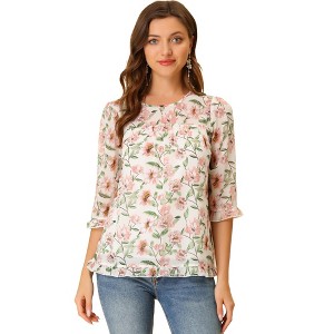 INSPIRE CHIC Women's Round Neck Ruffle 3/4 Sleeve Floral Print Chiffon Blouse - 1 of 4