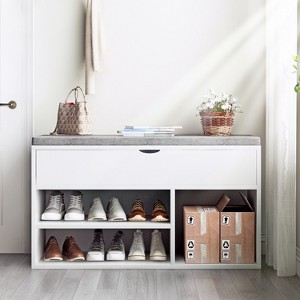 Wooden 2 Tiers Open Shoe Storage Bench with Cushion, Entryway for Entryway, Bedroo - 1 of 4