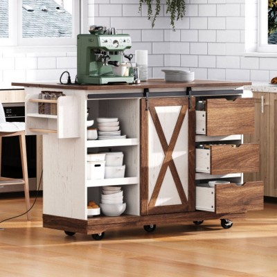 55.5" Kitchen Carts and Islands with Power Outlet and Drop Leaf, Rolling Storage Cart with Spice Rack for Kitchen or Dining Room-The Pop Home
