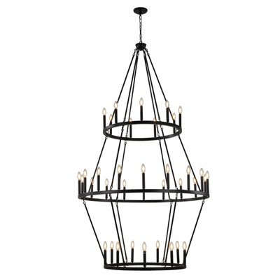 PAKOKULA Modern 36-Light Black 3-Tier Wagon Wheel Farmhouse Industrial Chandelier Rustic Candlestick Pendant Light
