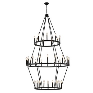 PAKOKULA Modern 36-Light Black 3-Tier Wagon Wheel Farmhouse Industrial Chandelier Rustic Candlestick Pendant Light - 1 of 4