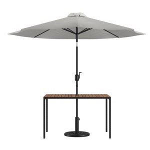 Merrick Lane Outdoor Powder Coated Steel Dining Table with Faux Teak Poly Slat Top, 9' Patio Umbrella and Base - 1 of 4