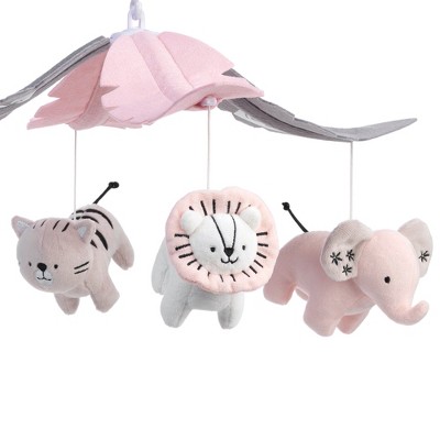 Pink and Gray Felt Musical Baby Crib Mobile with Safari Animals