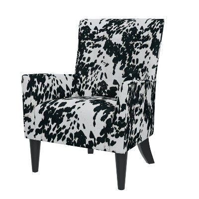 Velvet Black Cow Print Wingback Accent Chair with Flared Arms