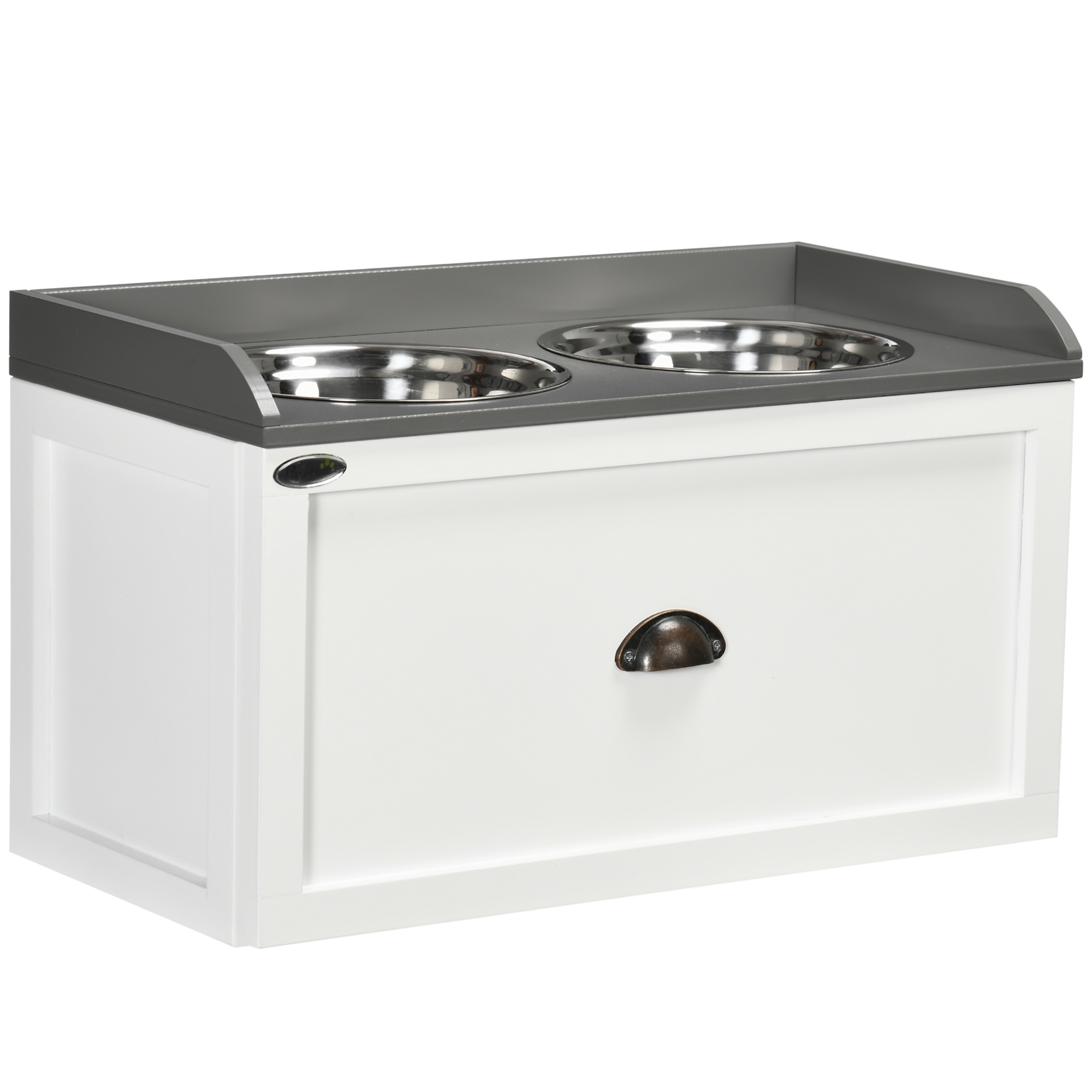 PawHut Dog Feeding Station with Storage Drawer, Dog Food Storage Cabinet w/ Removable Elevated Dog Bowls for Large Sized Dogs, White