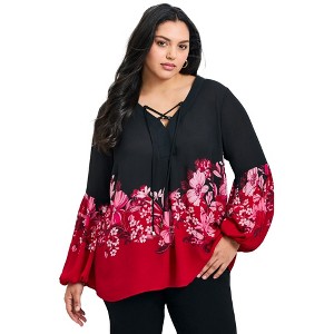 Avenue Women's Plus Size Tamlyn Lace Up Print Top - 1 of 4