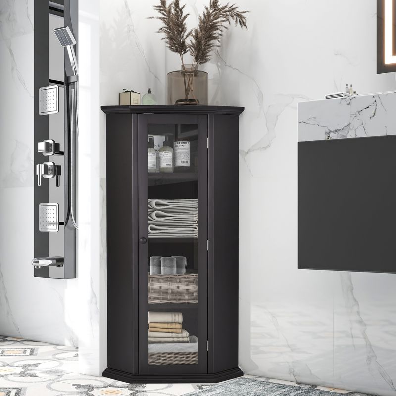 Freestanding Corner Bathroom Storage Cabinet With Glass Doors - ModernLuxe, 1 of 12