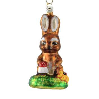 Holiday Ornament Woodland Bunny & Mushroom  -  1 Glass Ornament 5.00 Inches -  German Ladybug Rabbit Forest  -  Of17132  -  Glass  -  Brown