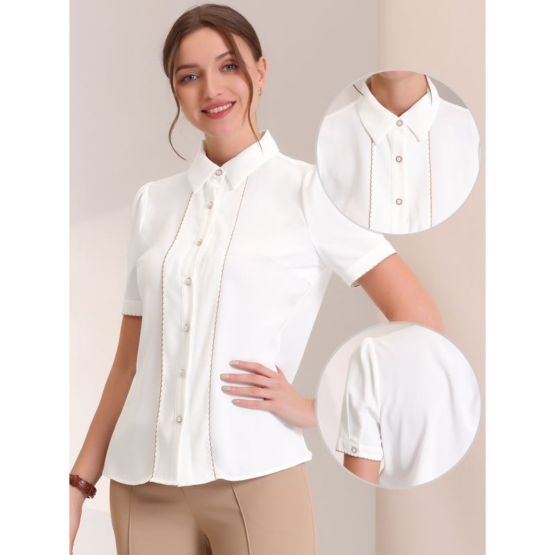 Allegra K Women's Contrast Trim Point Collar Puff Short Sleeve Button Down Shirt, 2 of 6