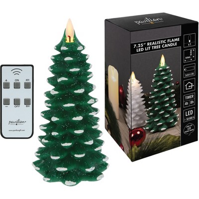 Pavilion Gift Company - Green Frosted Pine Tree - 7.25" Realistic Flame LED Lit Candle - Flame Candles