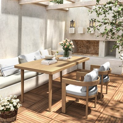 3-Piece Outdoor Patio Dining Set for 2, Modern Acacia Table and Teak Finished Aluminum Chairs with Light Gray Cushions-The Pop Home