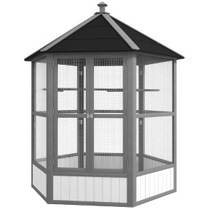 Resenkos Bird Cage, Bird Cages Habitat,69" Wooden Hexagonal Outdoor Aviary Flight Bird Cage With Covered Roof, Brown - 1 of 4
