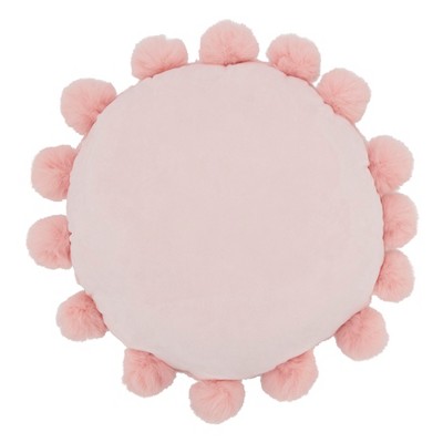Pink Round Faux Fur Pom Pom Throw Pillow