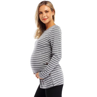 Coolmee Maternity Shirt Long Sleeve Basic Top Ruch Sides Bodycon Tshirt for Pregnant Women with Button