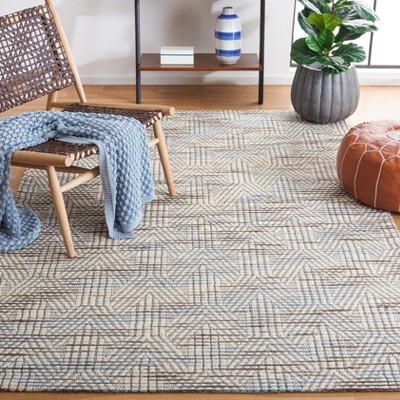 Ivory and Brown Geometric Flat Woven Wool Area Rug, 6' x 9'