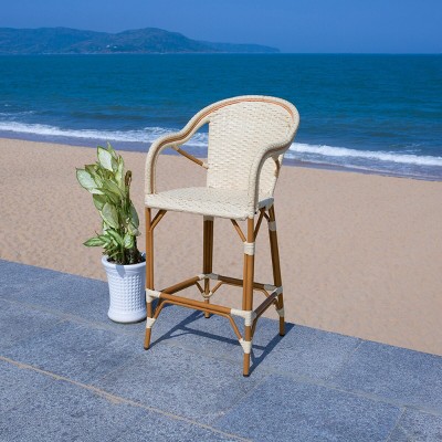 Natural Woven Faux Wicker and Aluminum Bar Stool with Arms