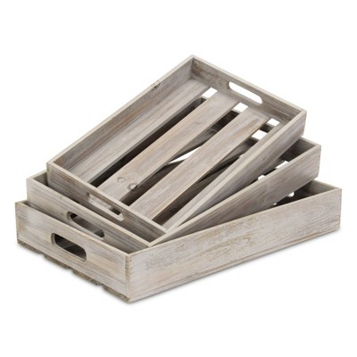 Cheung's Nora Set of 3 Slatted Wood Trays Gray Wash
