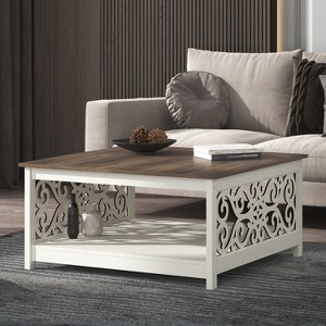 Galano Square Coffee Table with Decorative Cut-Out Panels and Lower Shelf in Brown 34.9" W x 34.9" D x 17.1" H - 1 of 4