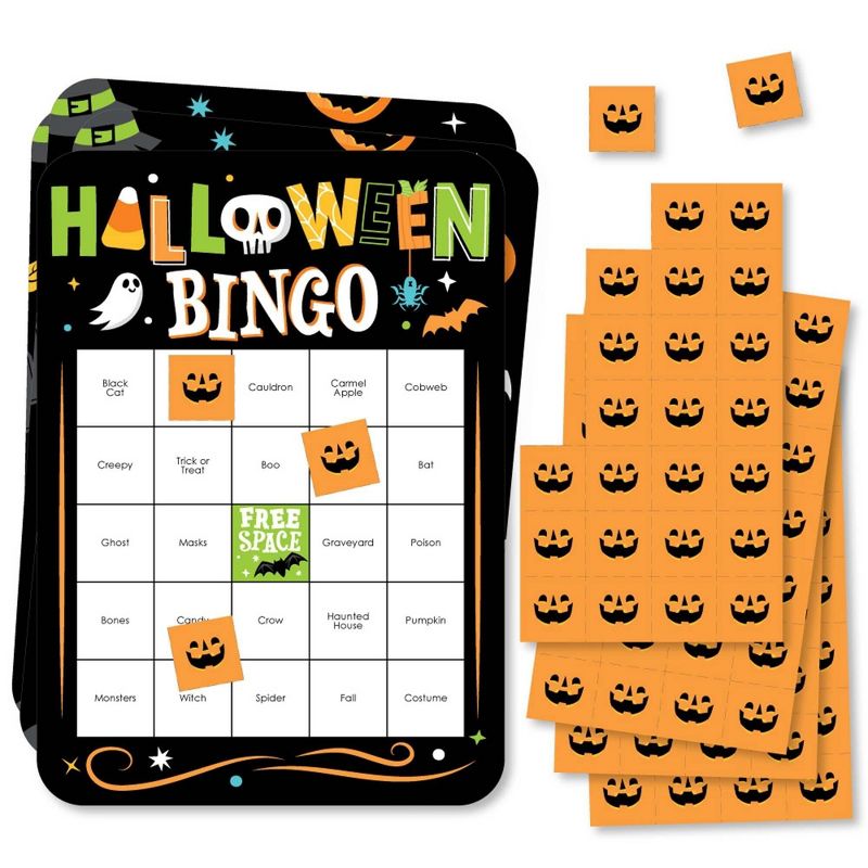 Big Dot of Happiness Jack-O'-Lantern Halloween - Bingo Cards and Markers - Kids Halloween Party Bingo Game - Set of 18, 1 of 7