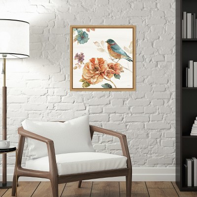 Floral and Bird Nature Print on Canvas with Wooden Frame
