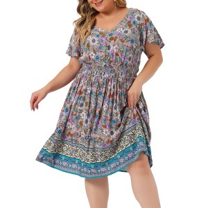 Agnes Orinda Women's Plus Size V Neck Short Sleeve Midi Boho Floral Smock Waist Outfits A Line Dresses - 1 of 4