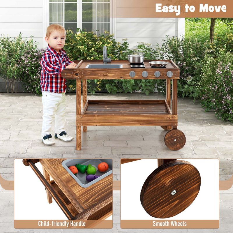 Costway Kids Wooden Mud Play Kitchen Cart with Sink, 4 Stoves & Storage Shelf Natural, 5 of 11