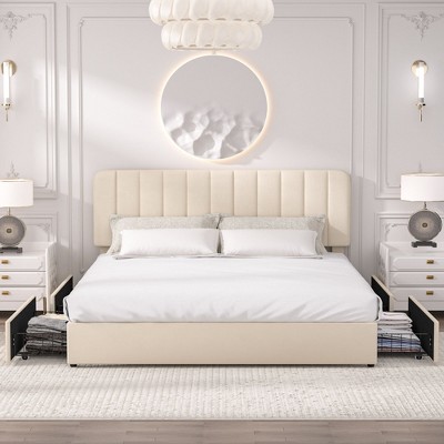 VECELO Upholstered Bed Frame with 1/4 Drawers and Adjustable Headboard, Twin/Full/Queen/King Platform Bed