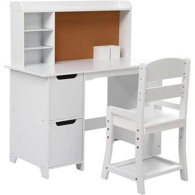 Children¡¯s Study Desk and Chair Set with Bookshelf, Bulletin Board, and Storage Cabinets, White Kids Writing Desk, Ideal for Homework and Learning