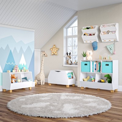 White MDF Floating Wall Shelf with Wooden Hooks