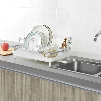 Large White Metal Foldable Dish Rack with Utensil Cup