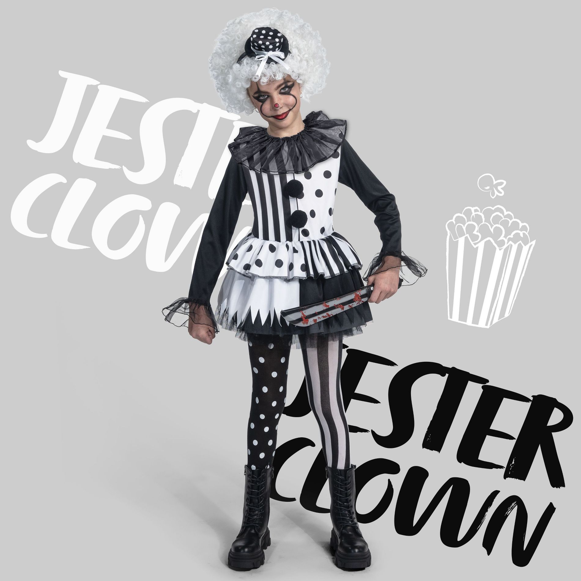Joyfy Girl's Halloween Costume for Cosplay Party – Cosplay Black & White Clown Dress Set for Halloween Party