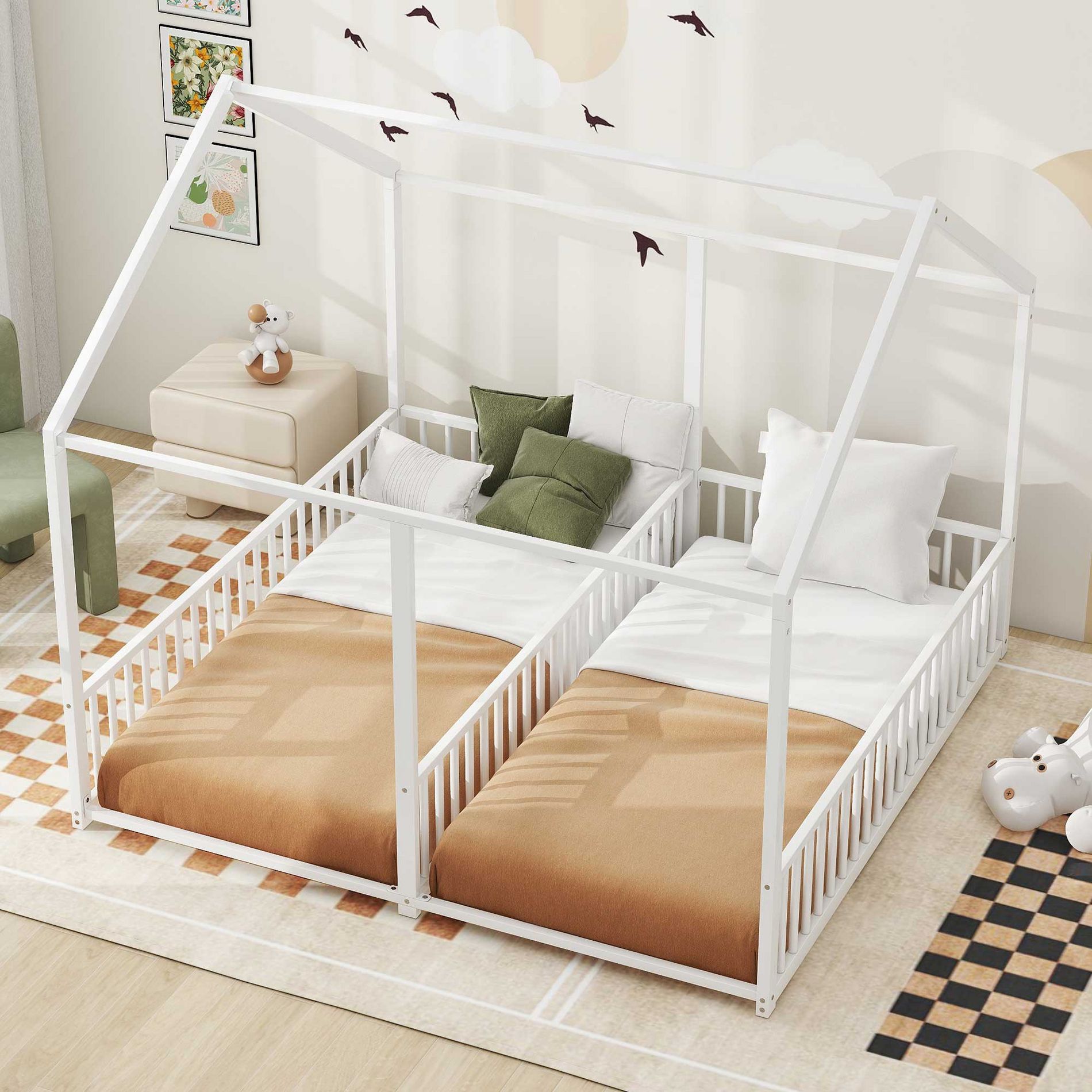 LOVMOR Metal Twin Size Montessori Floor Bed, Two Shared House Platform Beds with Headboard, for Kids, White