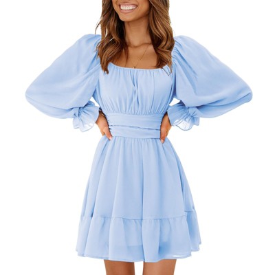 EXLURA Women's 2025 Casual Long Lantern Sleeve Dresses Square Neck Ruffle Tie Back Elastic Waist Aline Short Mini Dress