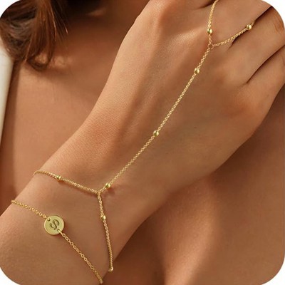 Turandoss 2PCS Initial Hand Chain Bracelet for Women Trendy - 18K Gold Layered Disc Letter Chains, Finger Rings Charm Bracelet Stack, Christmas Gifts