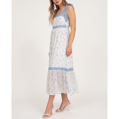 Small Blue Multi Sleeveless Lace Trim Floral Chiffon Midi Dress