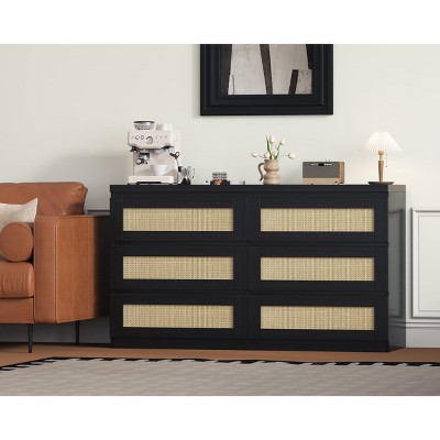 Garvee Dresser for Bedroom, Rattan 6 Drawer Dresser, Double Wood Dressers & Chest of Drawers for Nightstands, TV Stands, Living Room
