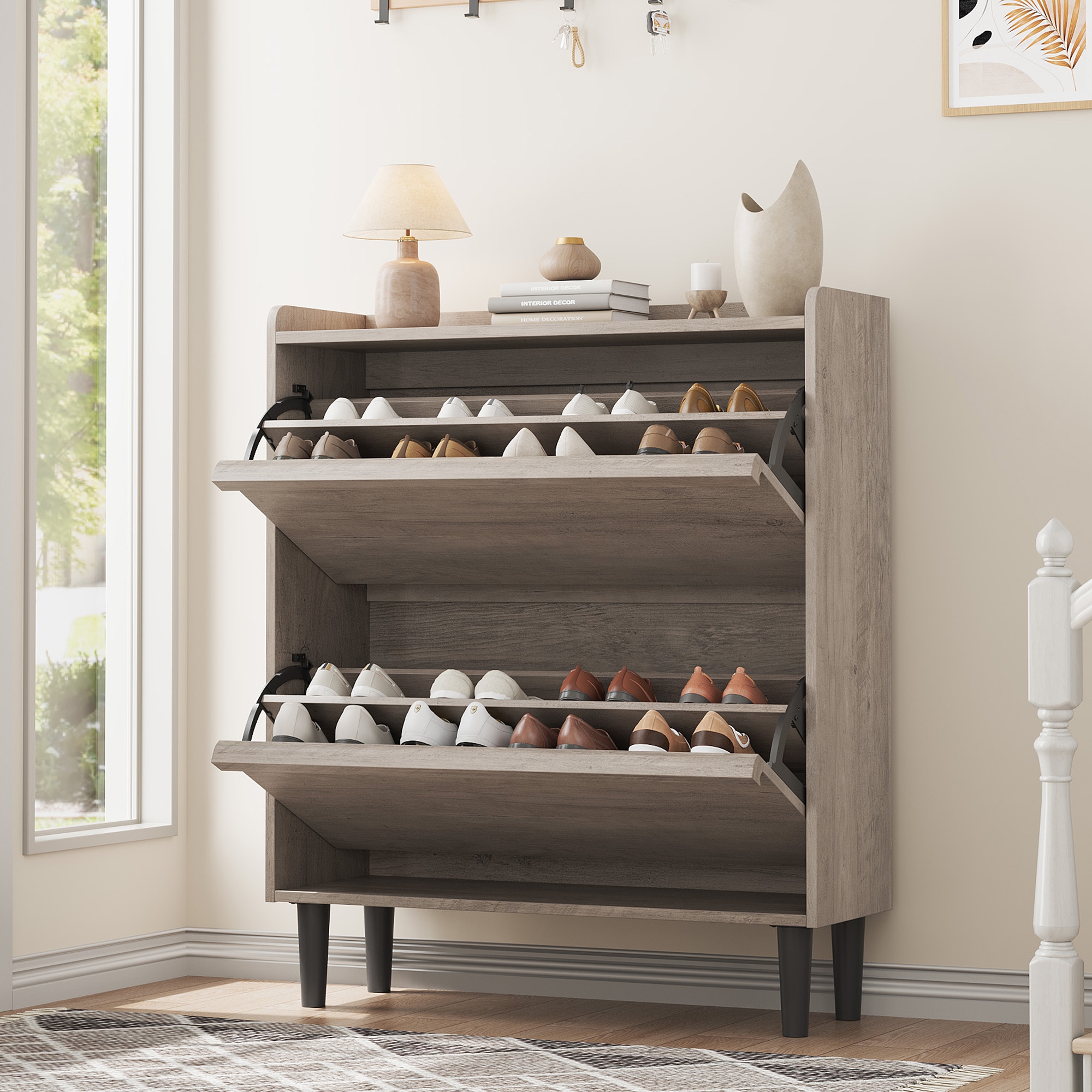 Shoe Cabinet with 2 Flip Drawers, Modern Shoe Storage for Entryway, Wooden Shoe Organizer Cabinet with Adjustable Shelf, for Hallway, Grey