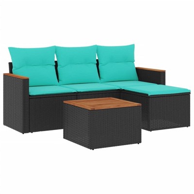 vidaXL 5 Piece Patio Sofa Set with Cushions Black and Blue - With Table