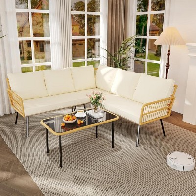 4 Pieces Outdoor Patio Furniture Set, All-Weather Wicker Rattan Sectional L-Shaped Set with Glass Top Coffee Table & Cushioned Chairs
